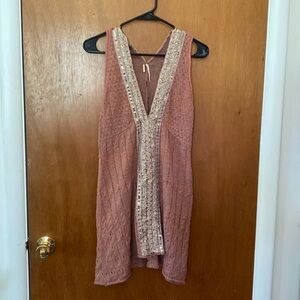 Free People Women's Pink Sequin V Neck Tunic Sweater Dress